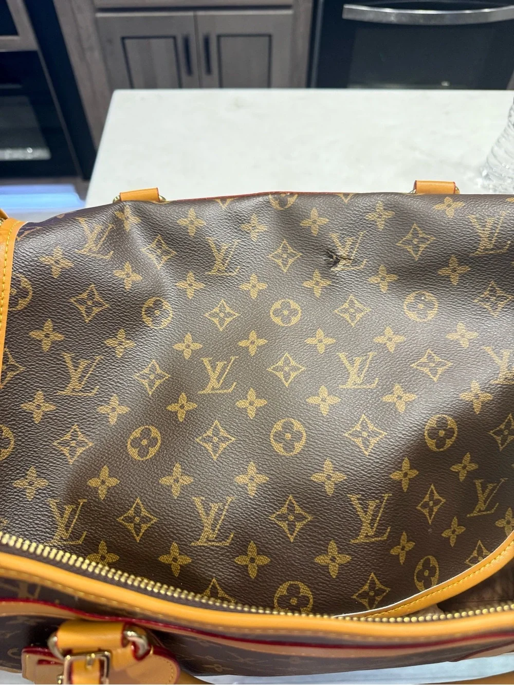 Luxury Monogram Brown Leather Crossbody Bag with Tan Trim
